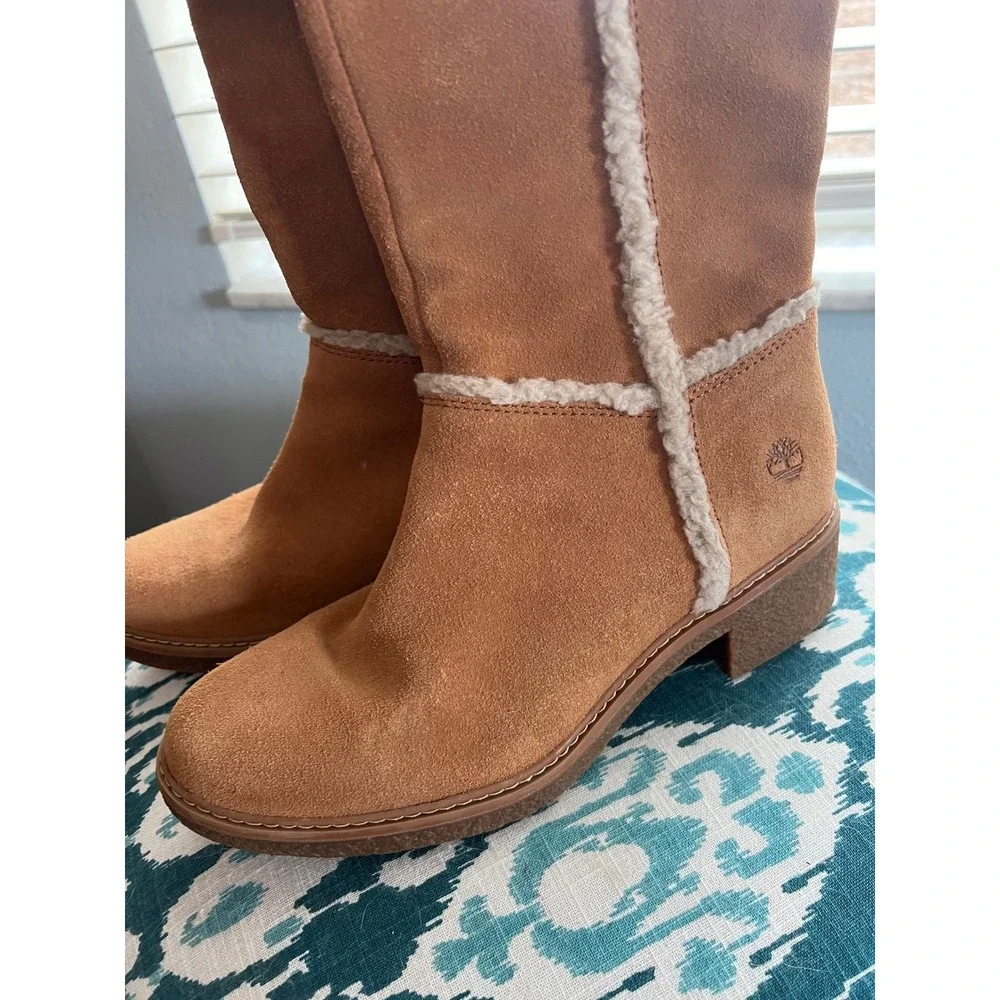 Timberland Suede Boots Tall Knee High Shearling Trim‎ Brown Boots